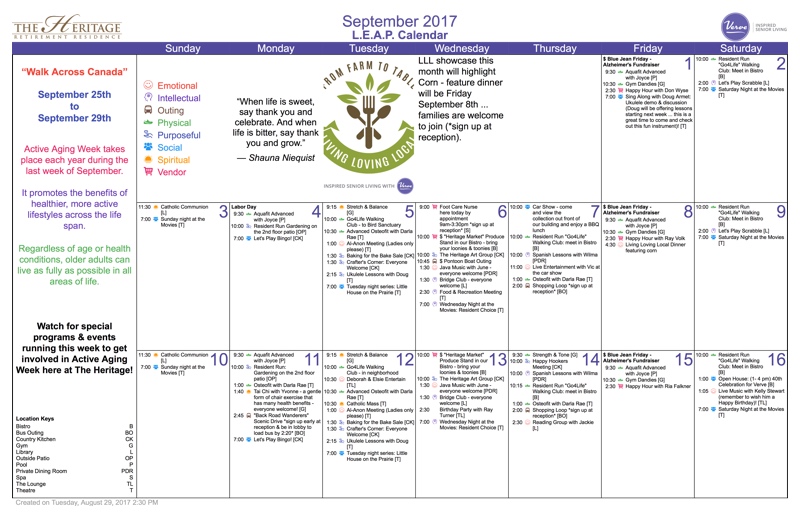 The Heritage: Recreation Calendar September 2017