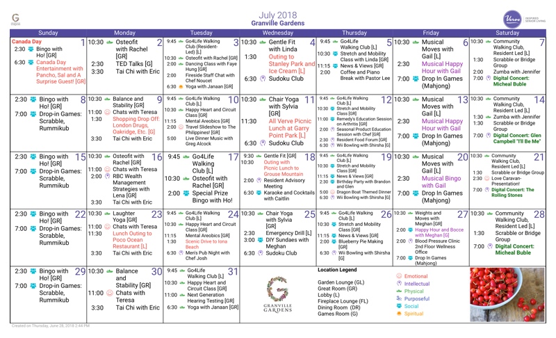 View Granville Gardens: July 2018 Calendar