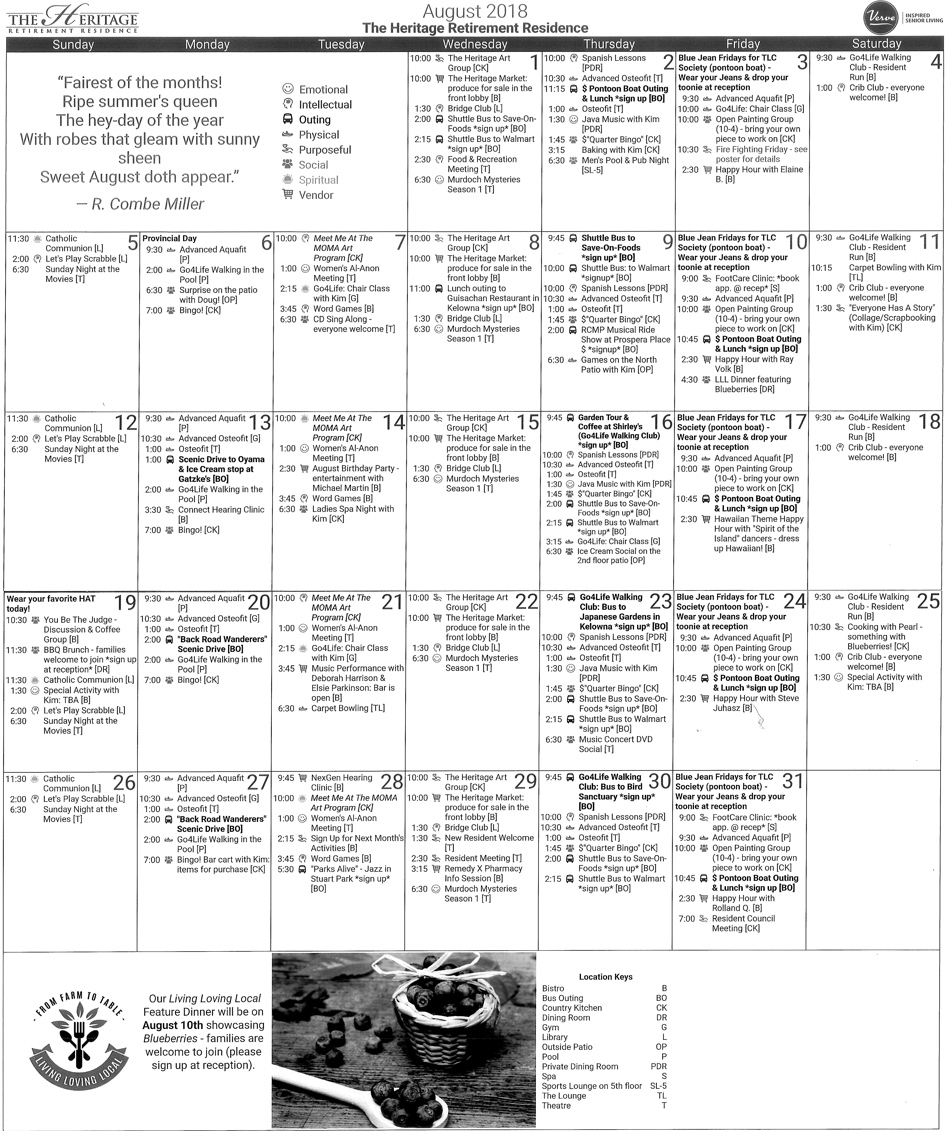 The Heritage: August 2018 Calendar