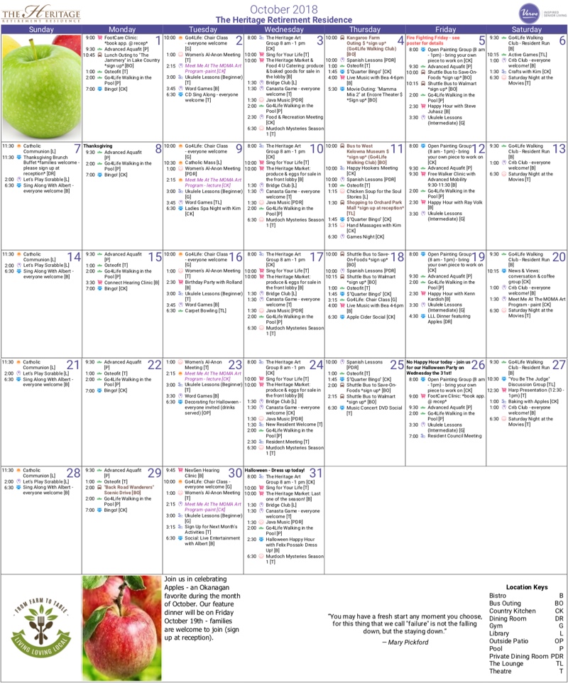 View The Heritage: October 2018 Calendar