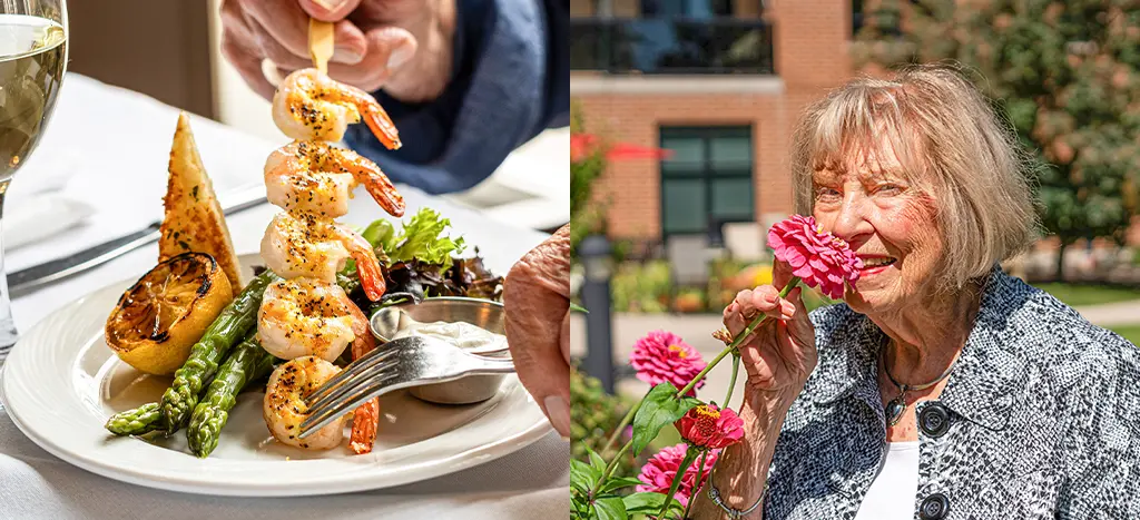 A delicious summer meal featuring grilled shrimp, next to a photo of a happy senior woman smelling flowers